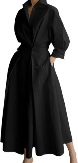 Shirt Dresses for Women Long Sleeve Button Lapel Cotton Linen Dress Loose Casual Waisted Maxi Dress with Pockets