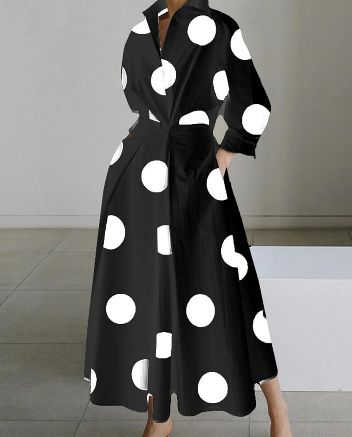 Shirt Dresses for Women Long Sleeve Button Lapel Cotton Linen Dress Loose Casual Waisted Maxi Dress with Pockets