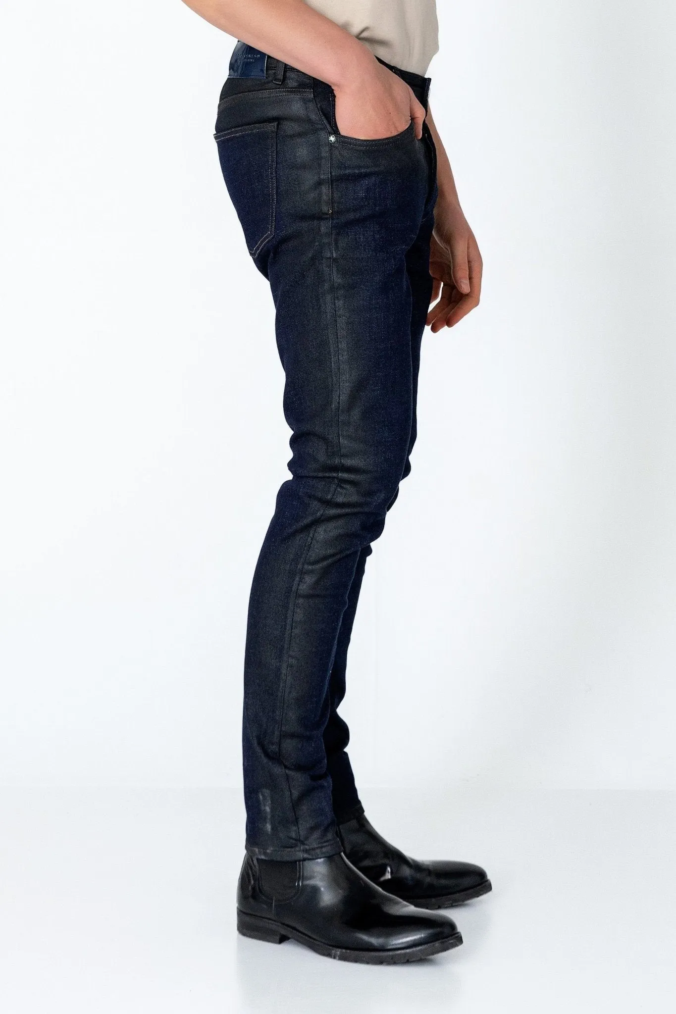 Side Waxed Tapered Jeans - Navy