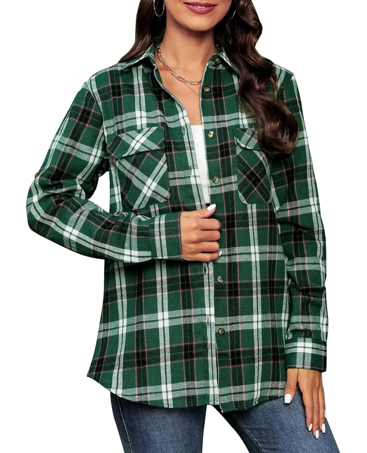 siliteelon Flannel Shirt Women Plaid Shirts Button Down Long Sleeve Oversized Cotton Boyfriend Casual Roll Up Blouse Tops