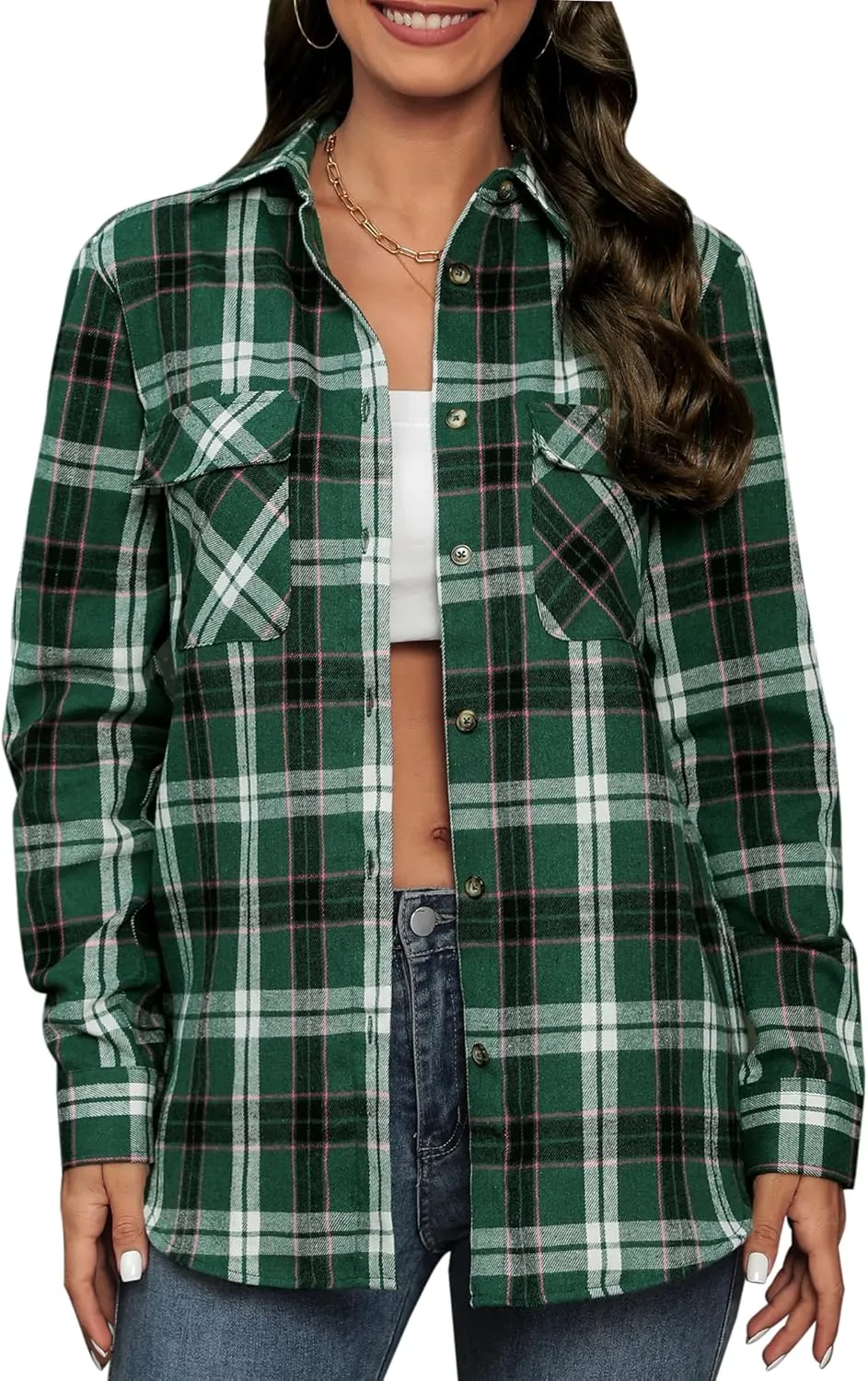 siliteelon Flannel Shirt Women Plaid Shirts Button Down Long Sleeve Oversized Cotton Boyfriend Casual Roll Up Blouse Tops