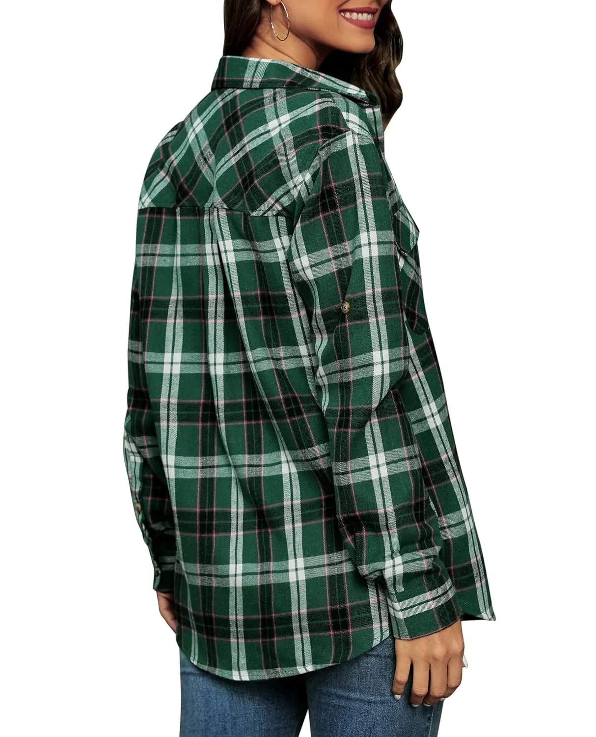 siliteelon Flannel Shirt Women Plaid Shirts Button Down Long Sleeve Oversized Cotton Boyfriend Casual Roll Up Blouse Tops