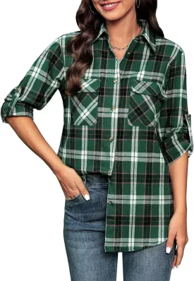 siliteelon Flannel Shirt Women Plaid Shirts Button Down Long Sleeve Oversized Cotton Boyfriend Casual Roll Up Blouse Tops