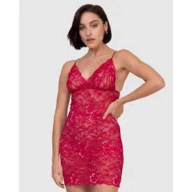 Spaghetti Strap Short Sheer Lace Chemise-Ruby
