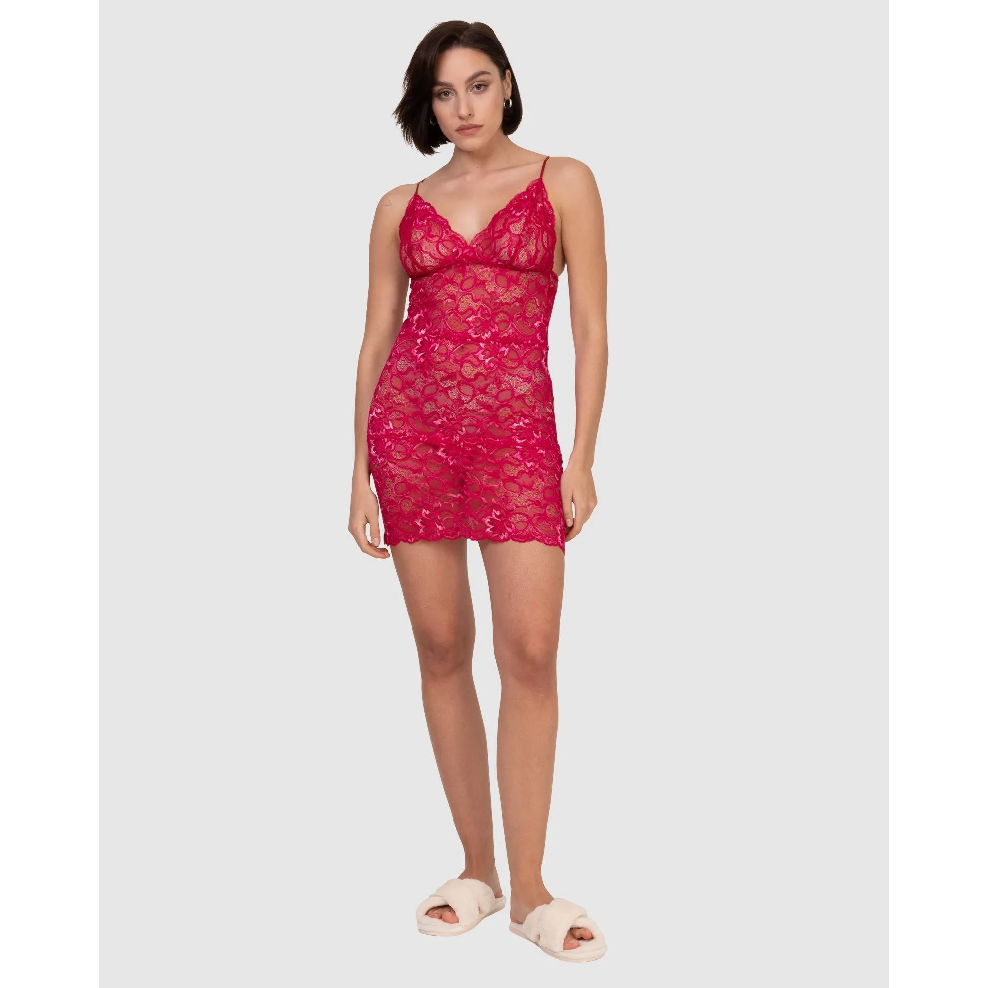 Spaghetti Strap Short Sheer Lace Chemise-Ruby