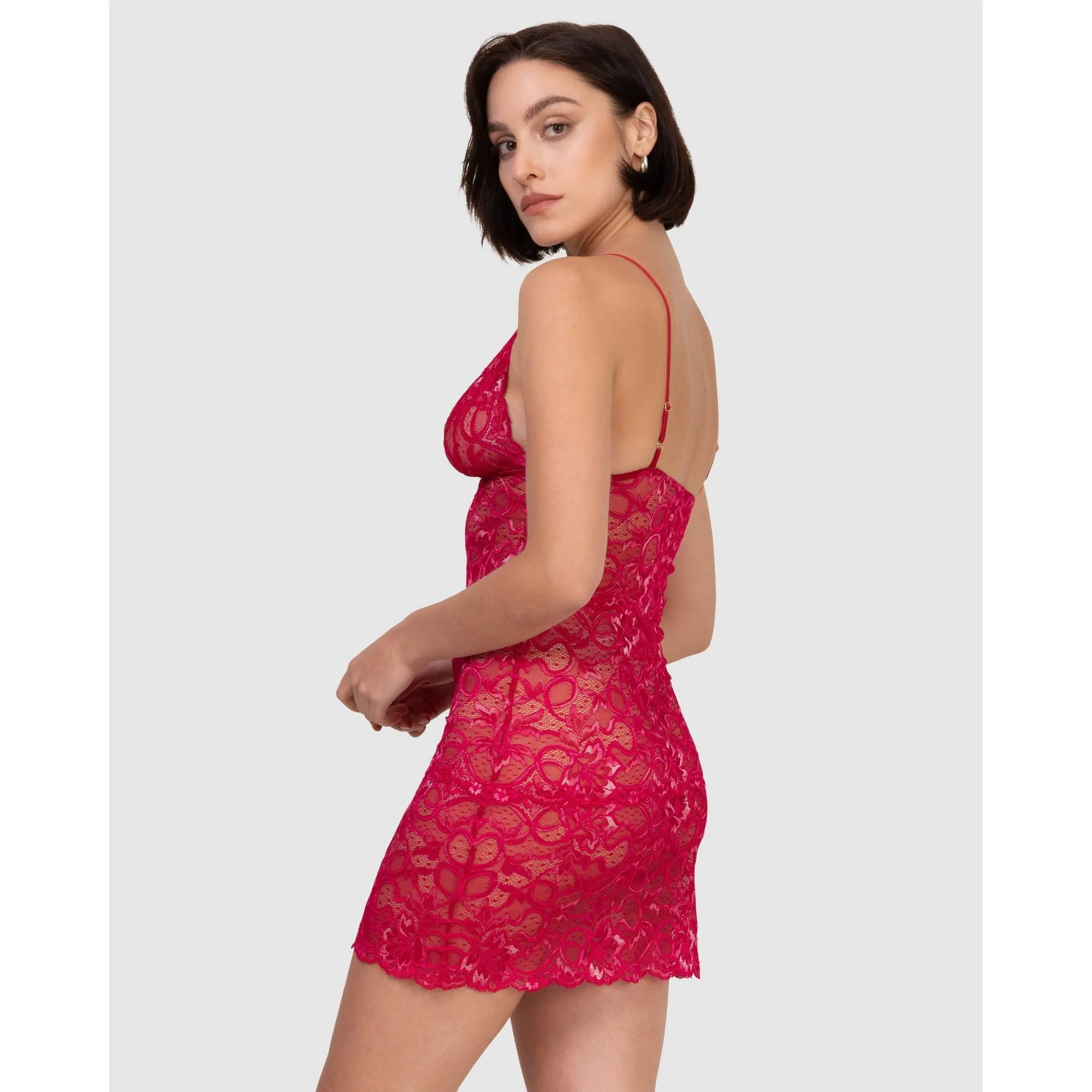Spaghetti Strap Short Sheer Lace Chemise-Ruby