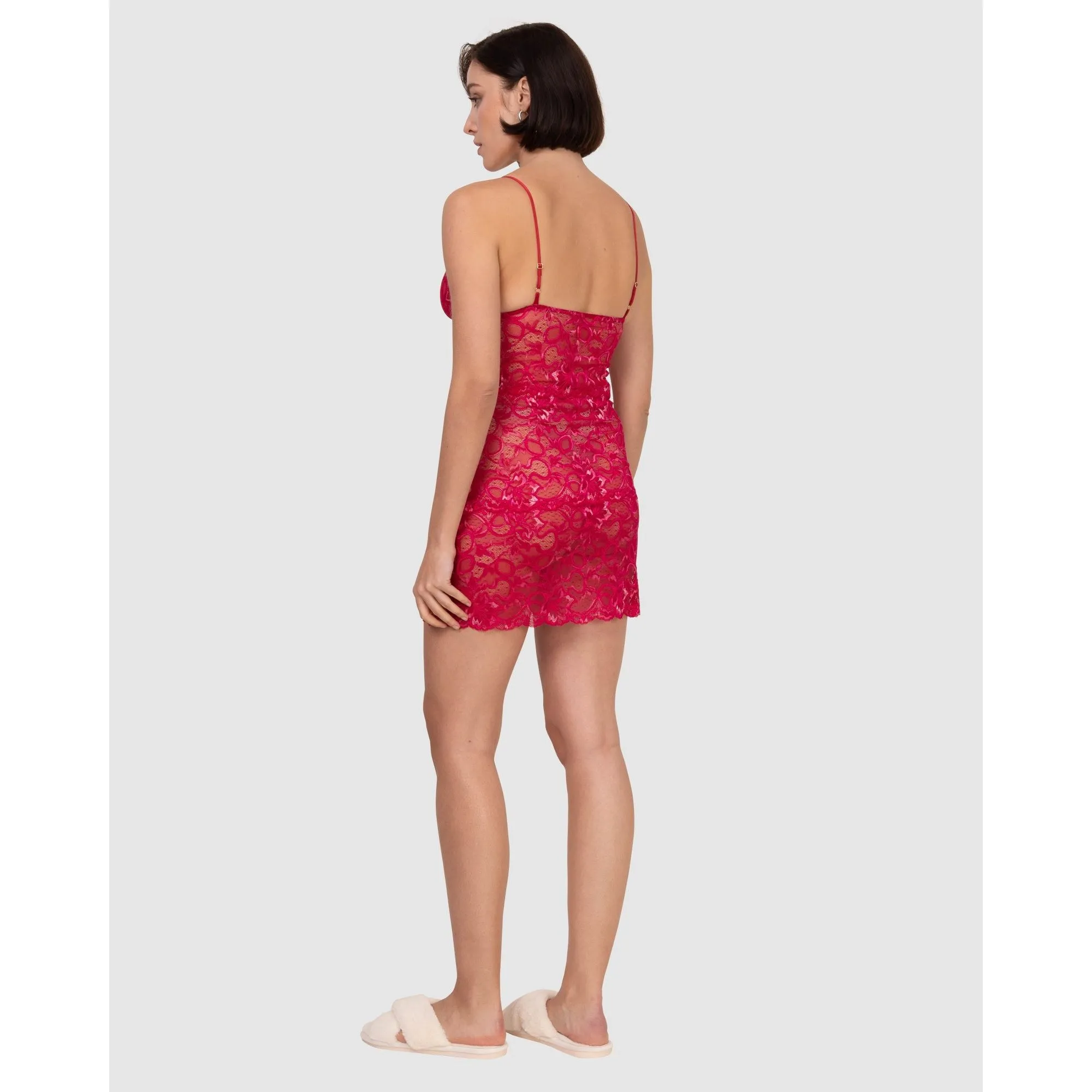 Spaghetti Strap Short Sheer Lace Chemise-Ruby