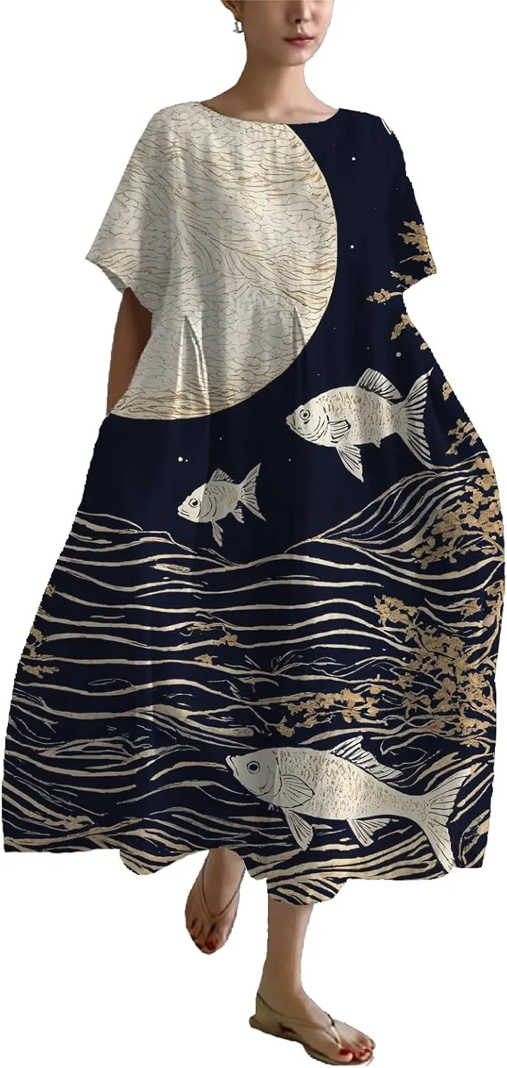 Summer Maxi Dress for Women Casual Plus Size Japanese Art Baggy Loose Fit Crew Neck Short Sleeve Beach Dress