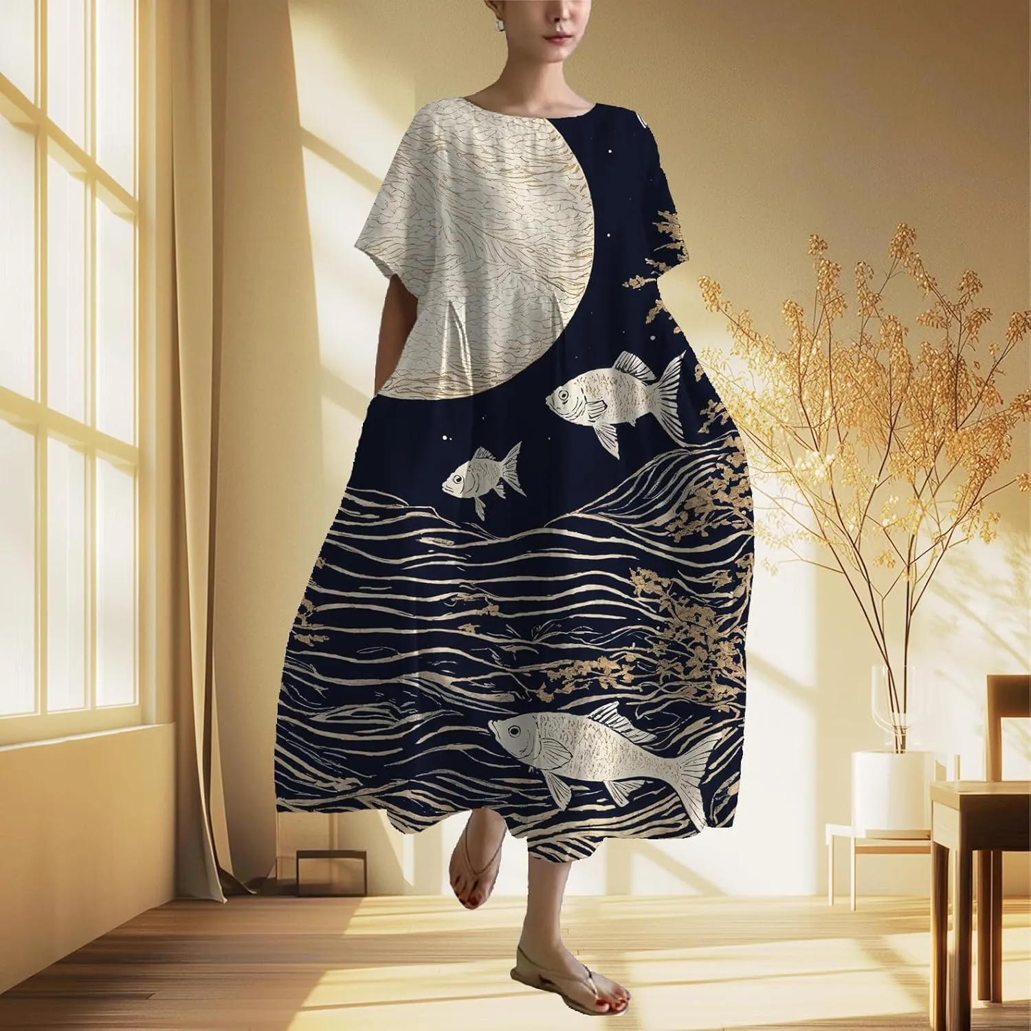 Summer Maxi Dress for Women Casual Plus Size Japanese Art Baggy Loose Fit Crew Neck Short Sleeve Beach Dress