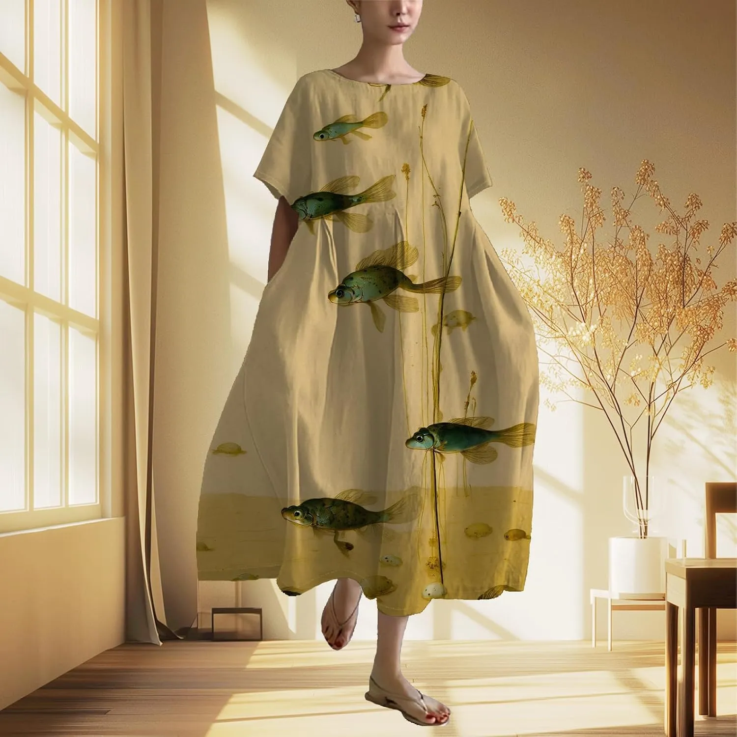 Summer Maxi Dress for Women Casual Plus Size Japanese Art Baggy Loose Fit Crew Neck Short Sleeve Beach Dress