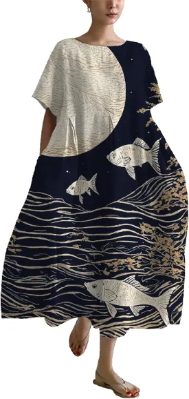 Summer Maxi Dress for Women Casual Plus Size Japanese Art Baggy Loose Fit Crew Neck Short Sleeve Beach Dress