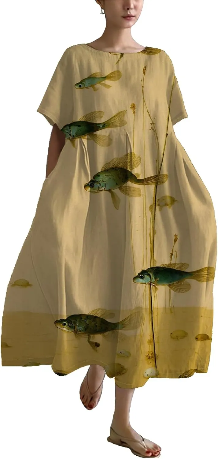 Summer Maxi Dress for Women Casual Plus Size Japanese Art Baggy Loose Fit Crew Neck Short Sleeve Beach Dress