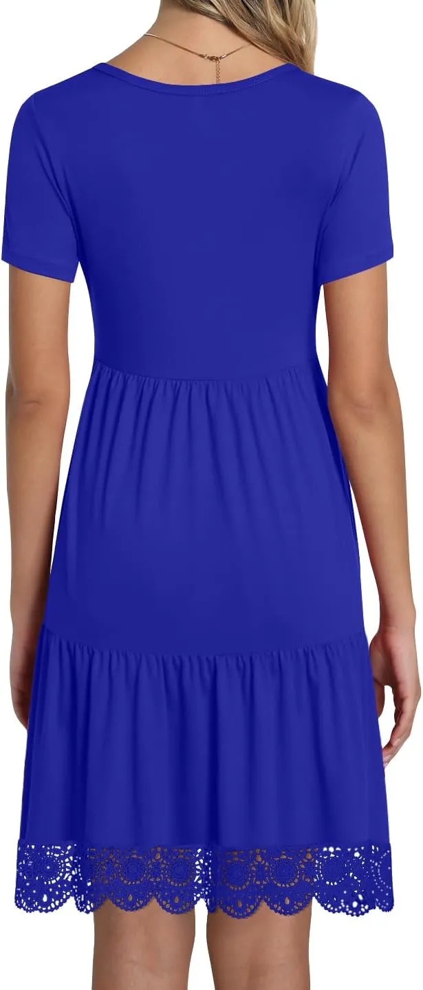 TAOHUADAO Women's Summer Casual Tshirt Dresses Short Sleeve Ruffle Swing Lace Hem Dress with Pockets