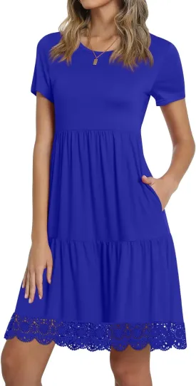 TAOHUADAO Women's Summer Casual Tshirt Dresses Short Sleeve Ruffle Swing Lace Hem Dress with Pockets