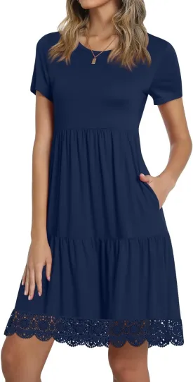 TAOHUADAO Women's Summer Casual Tshirt Dresses Short Sleeve Ruffle Swing Lace Hem Dress with Pockets