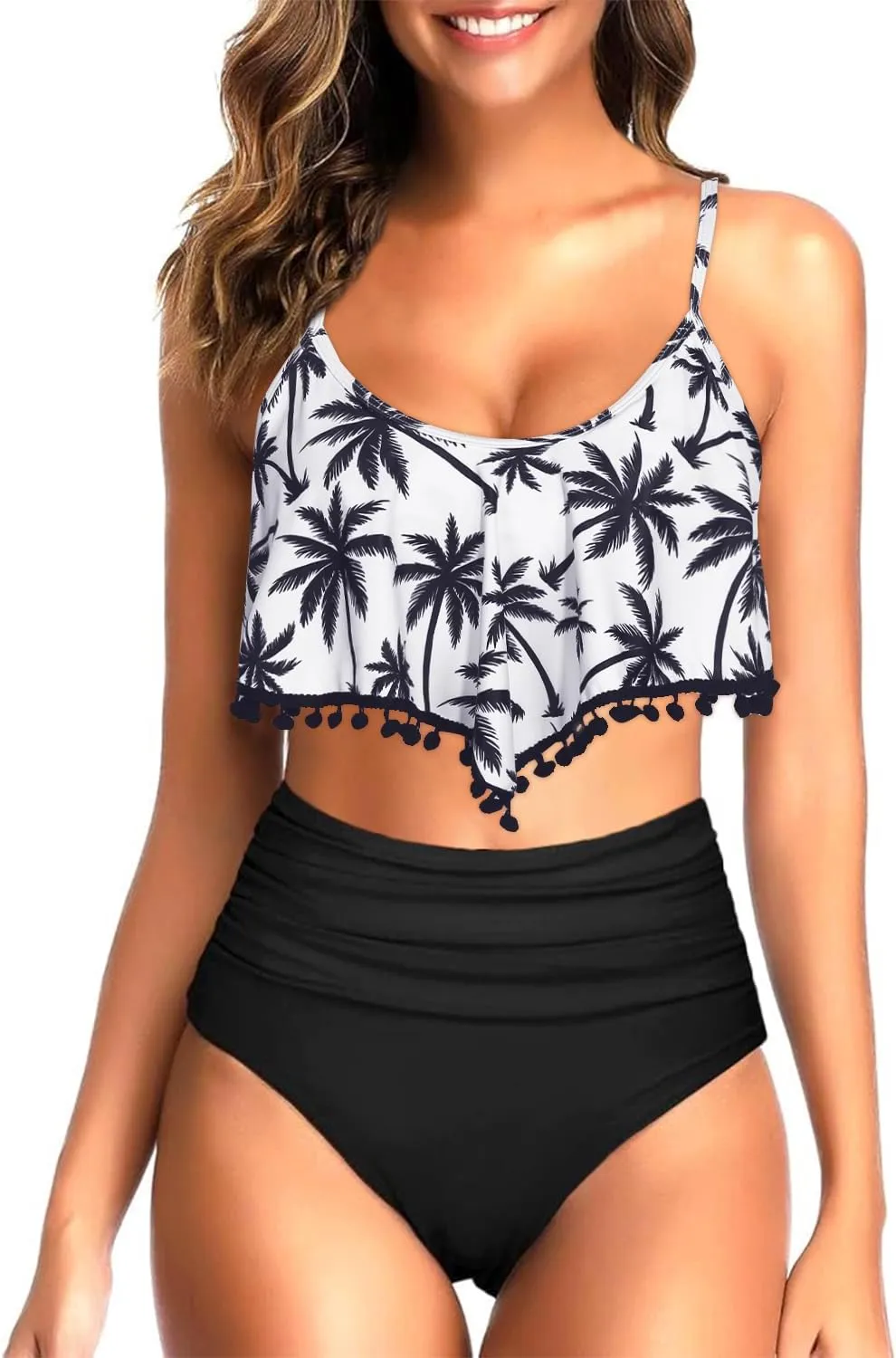 Tempt Me Women Two Piece High Waisted Bikini Set Ruffle Swimsuit Flounce Pom Pom Trim Bathing Suit