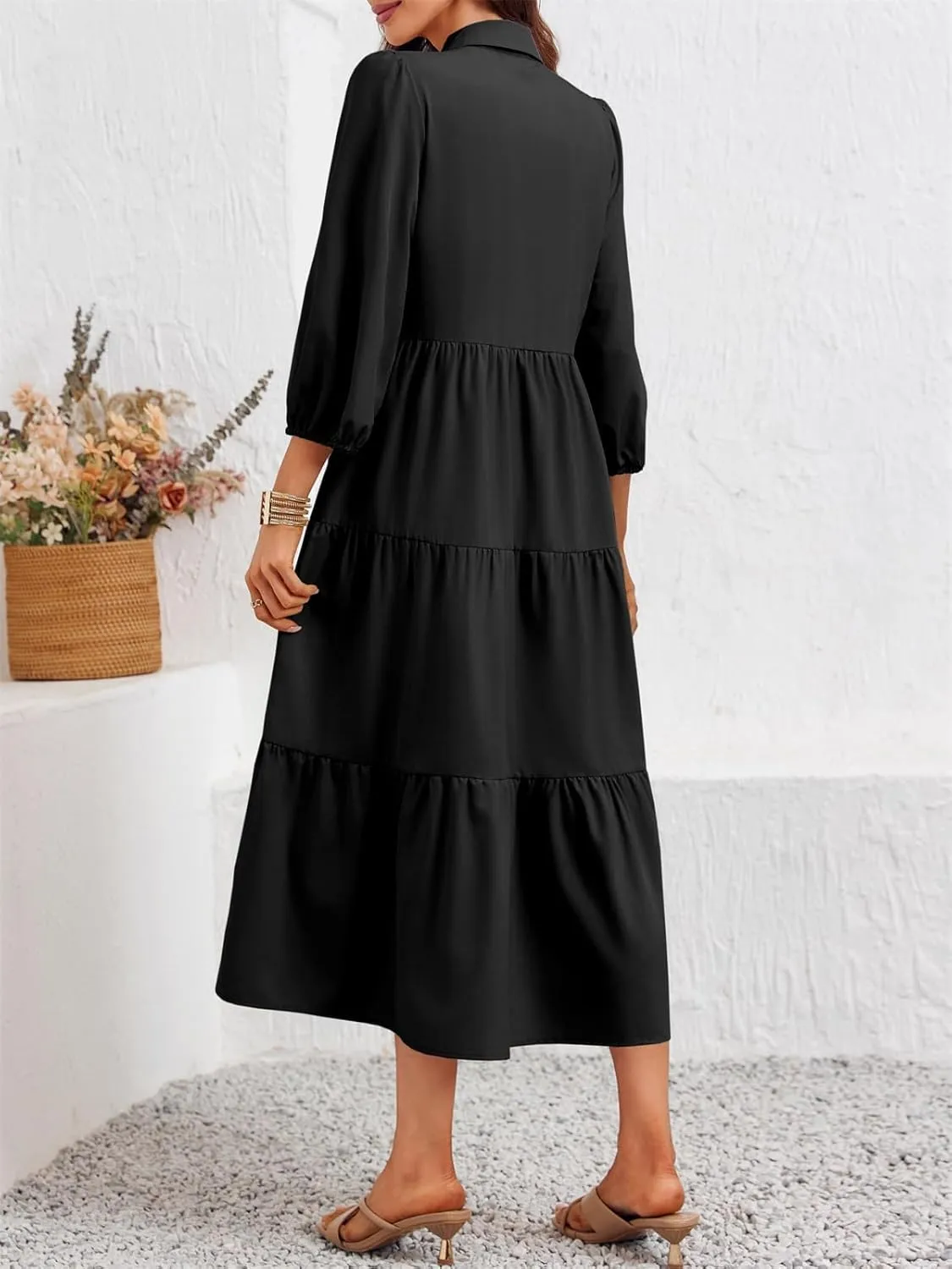 Wenrine Womens Casual 3/4 Sleeve Shirt Dress Button Down V Neck Tiered Collared Flowy Maxi Dress