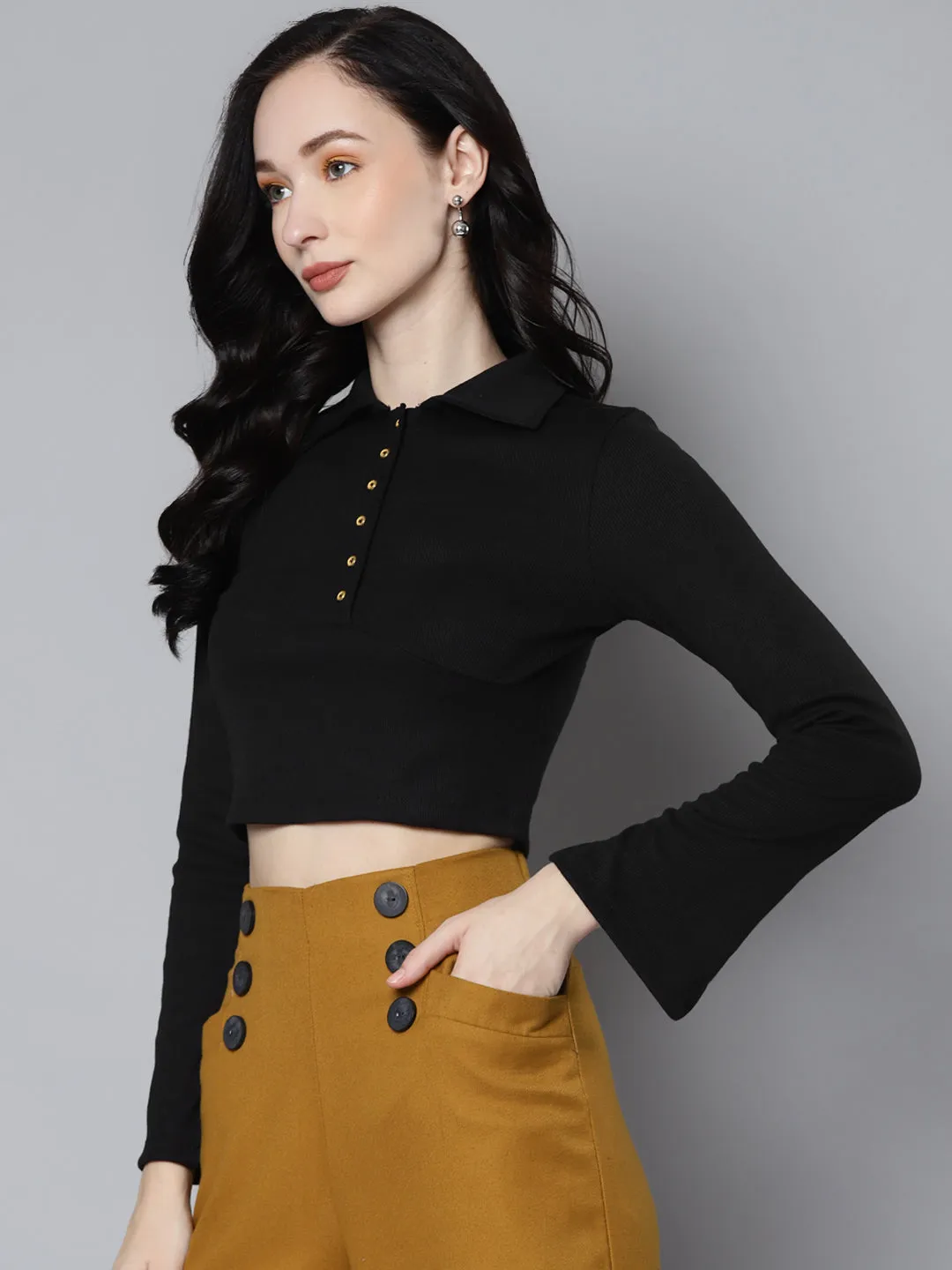 Women Black Rib Full Sleeves Polo Neck Crop T-Shirt