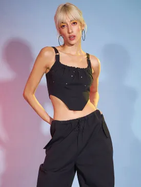 Women Black Twill Bustier Crop Top