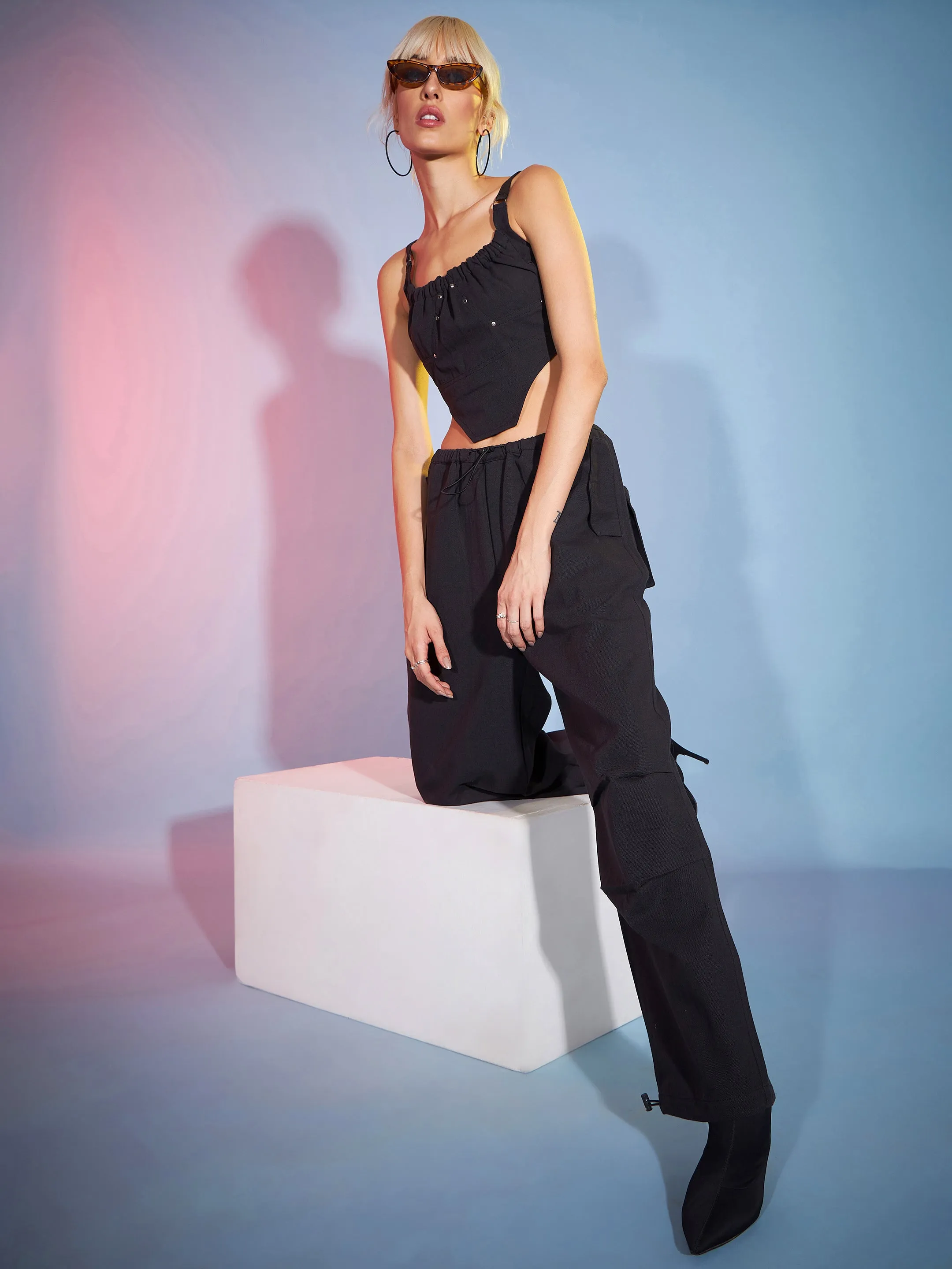 Women Black Twill Bustier Crop Top