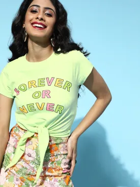 Women Green Forever-Or-Never Tie-Knot Crop T-Shirt