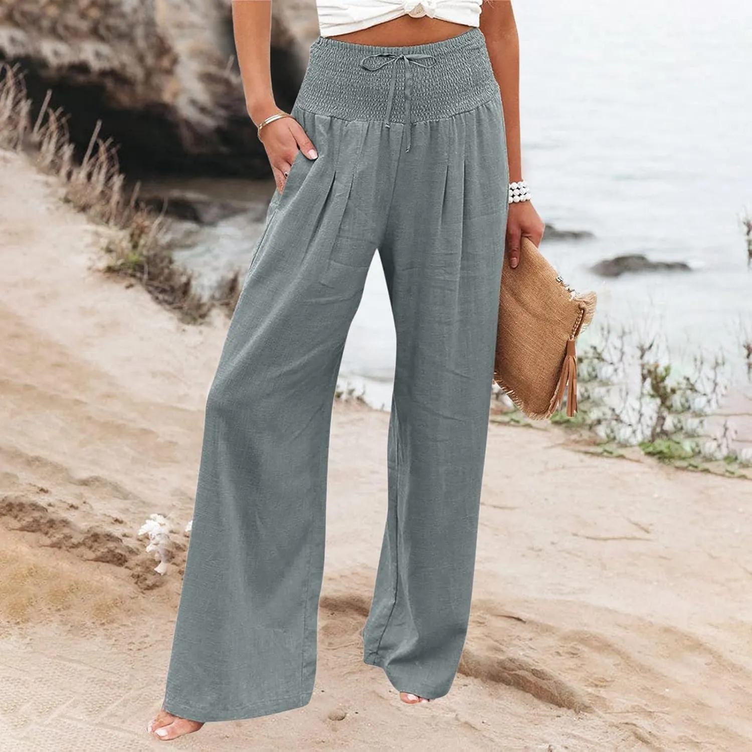 Women High Waisted Lounge Pants Casual Wide Leg Boho Trouser Summer 2024 Drawstring Sweatpants with Pockets Trendy