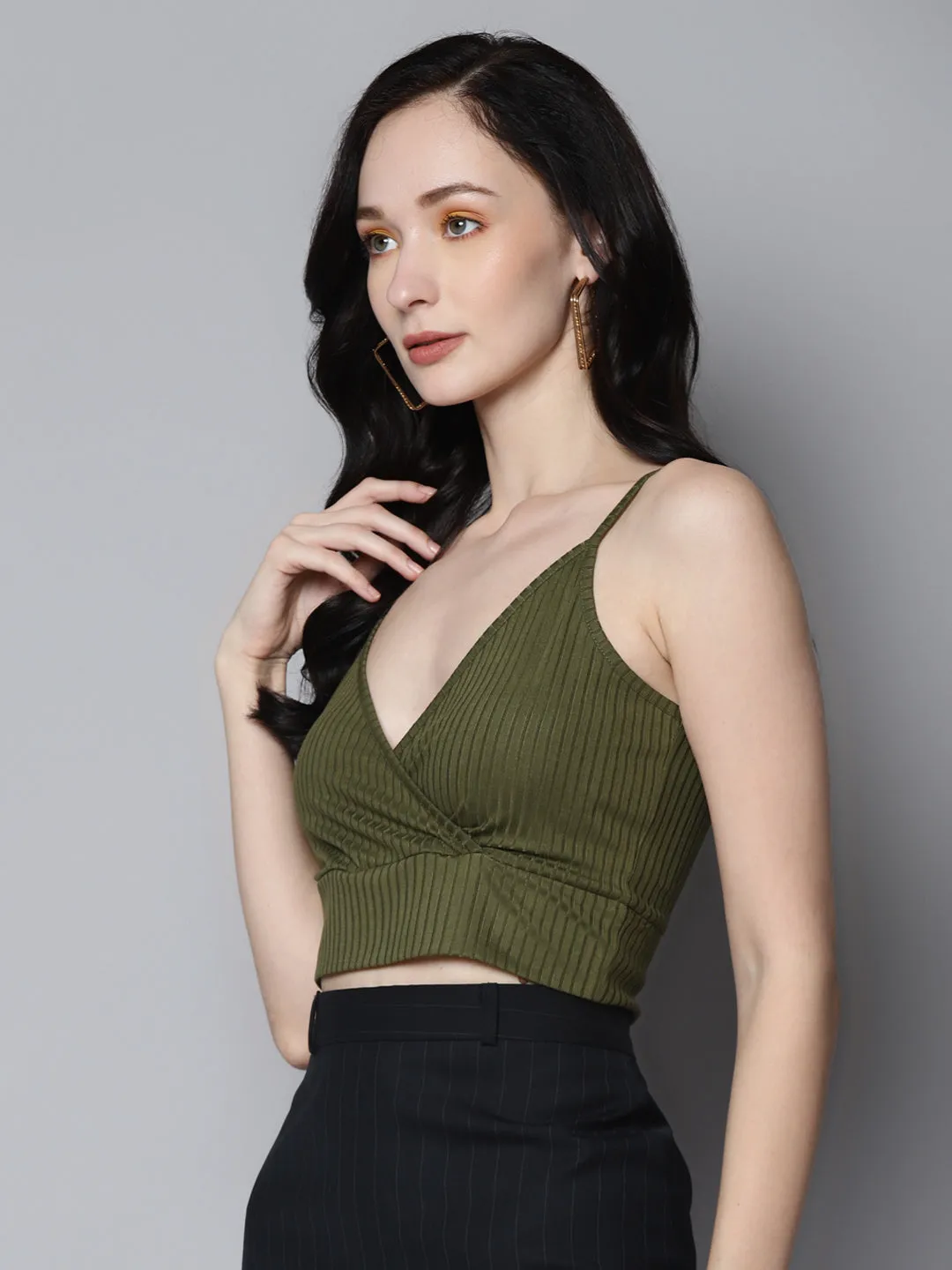 Women Olive Rib Wrap Neck Crop Top