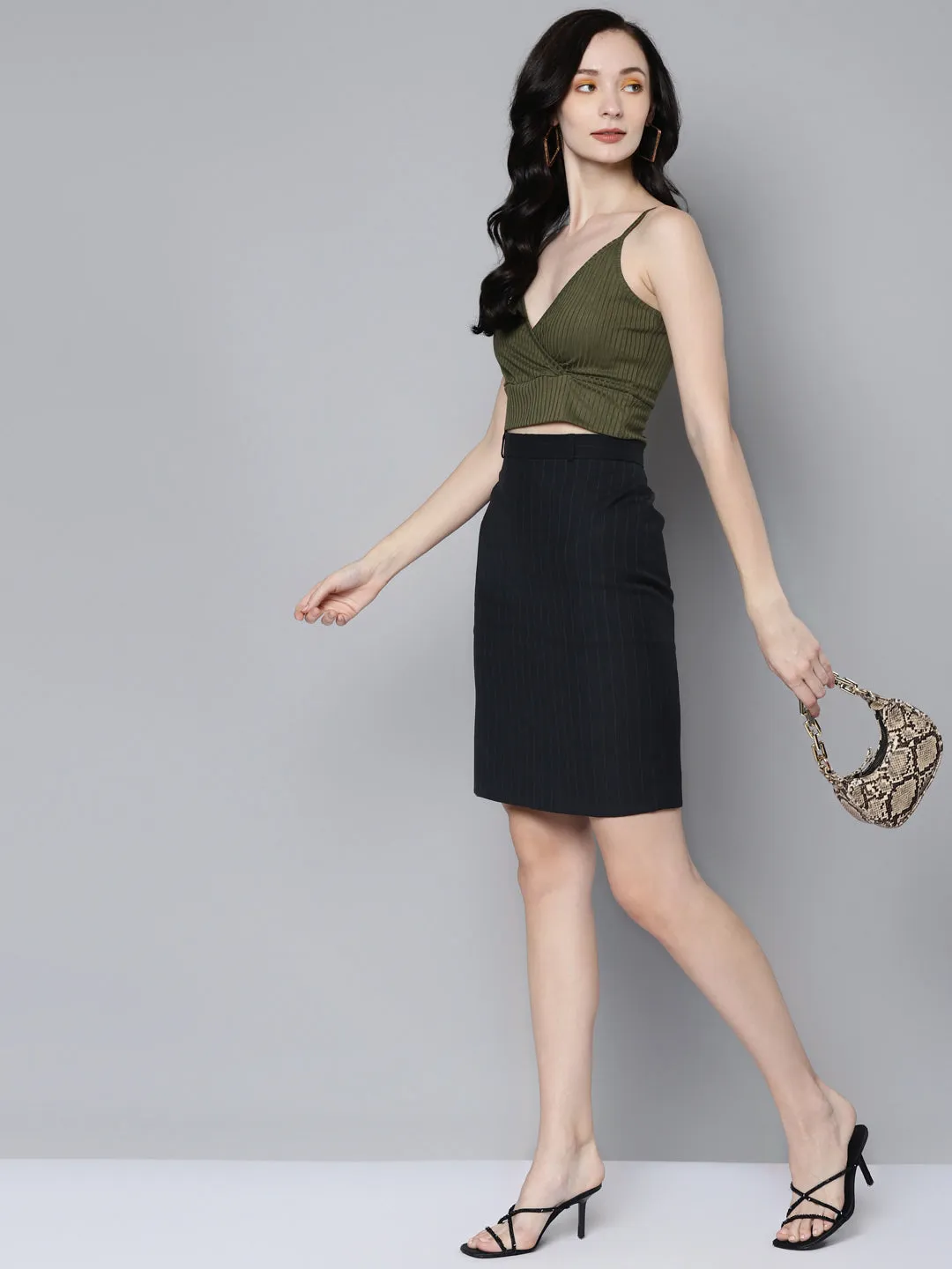 Women Olive Rib Wrap Neck Crop Top