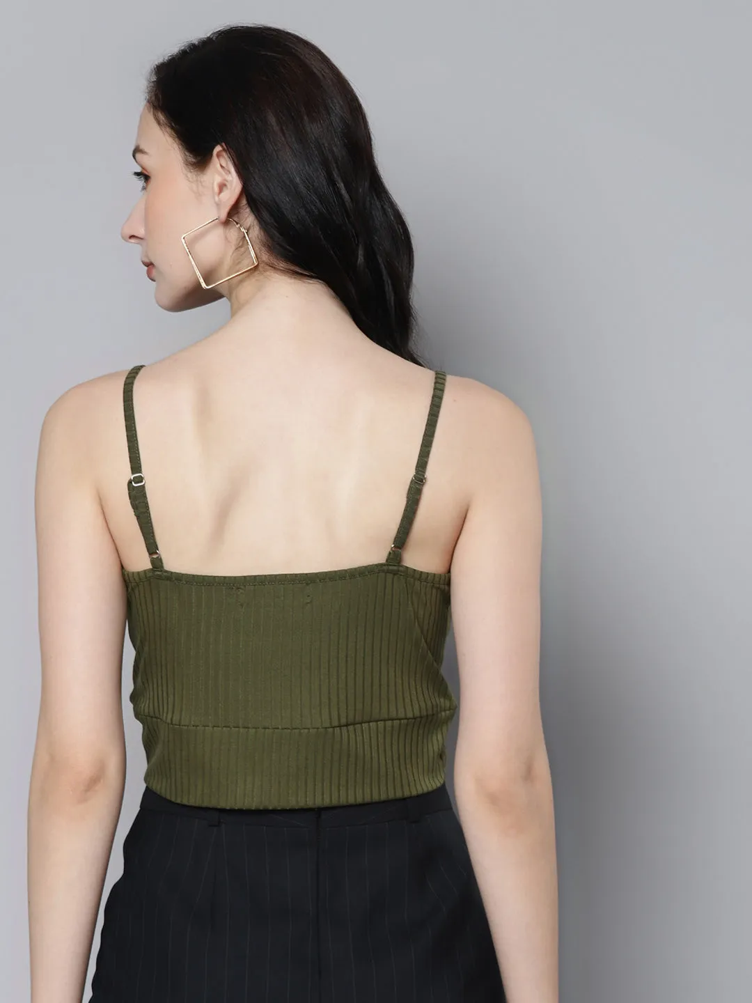 Women Olive Rib Wrap Neck Crop Top