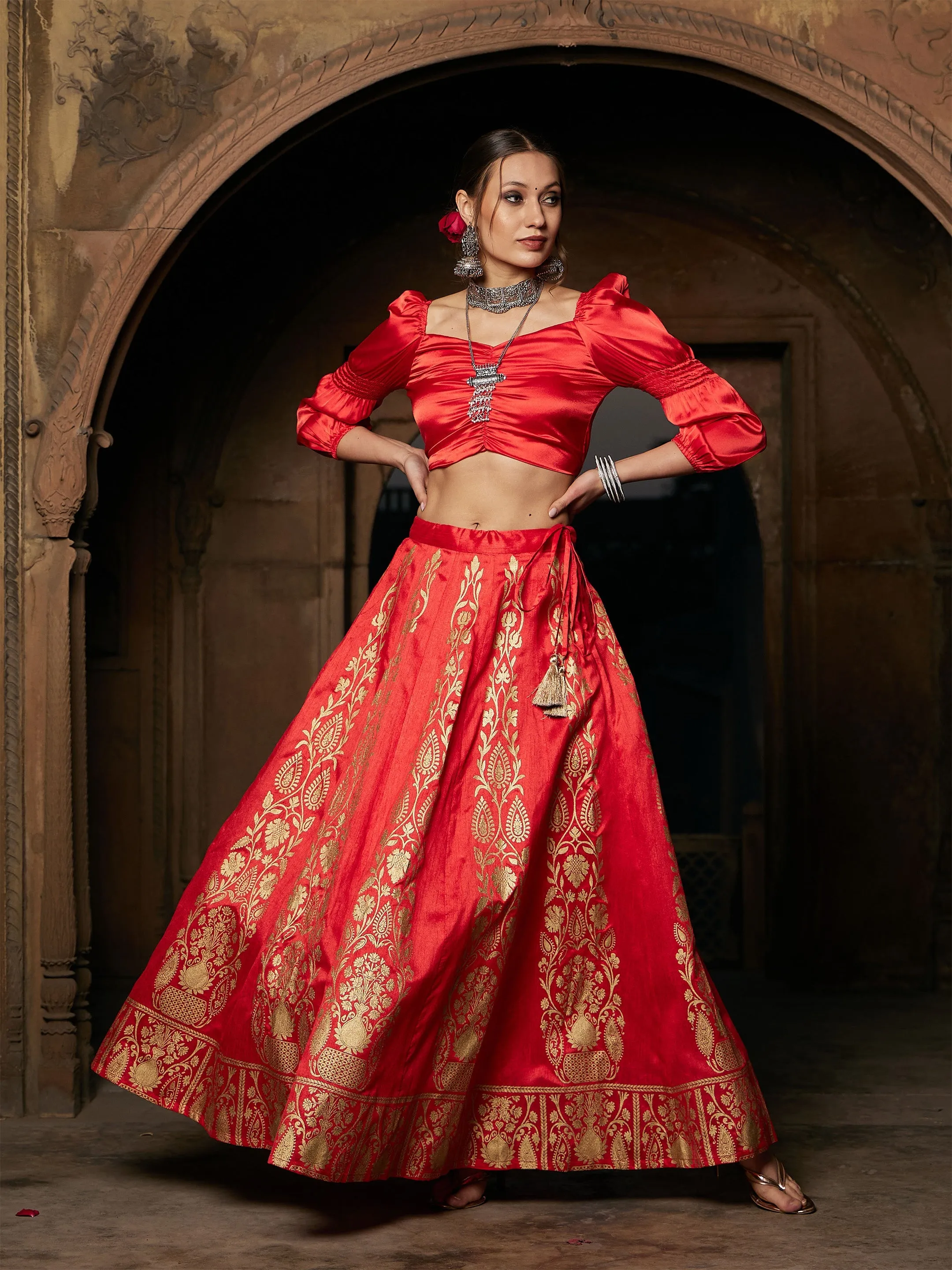 Women Orange Satin Puff Sleeves Crop Top