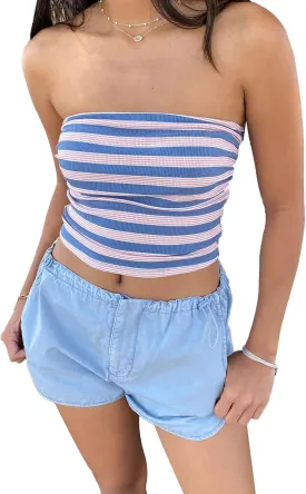 Women Y2K Tie Dye Tube Tops Summer Strapless Backless Floral Print Bandeau Crop Tops Cute Boho Cami Tops