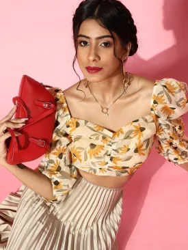 Women Yellow Floral Organza Ruched Crop Top