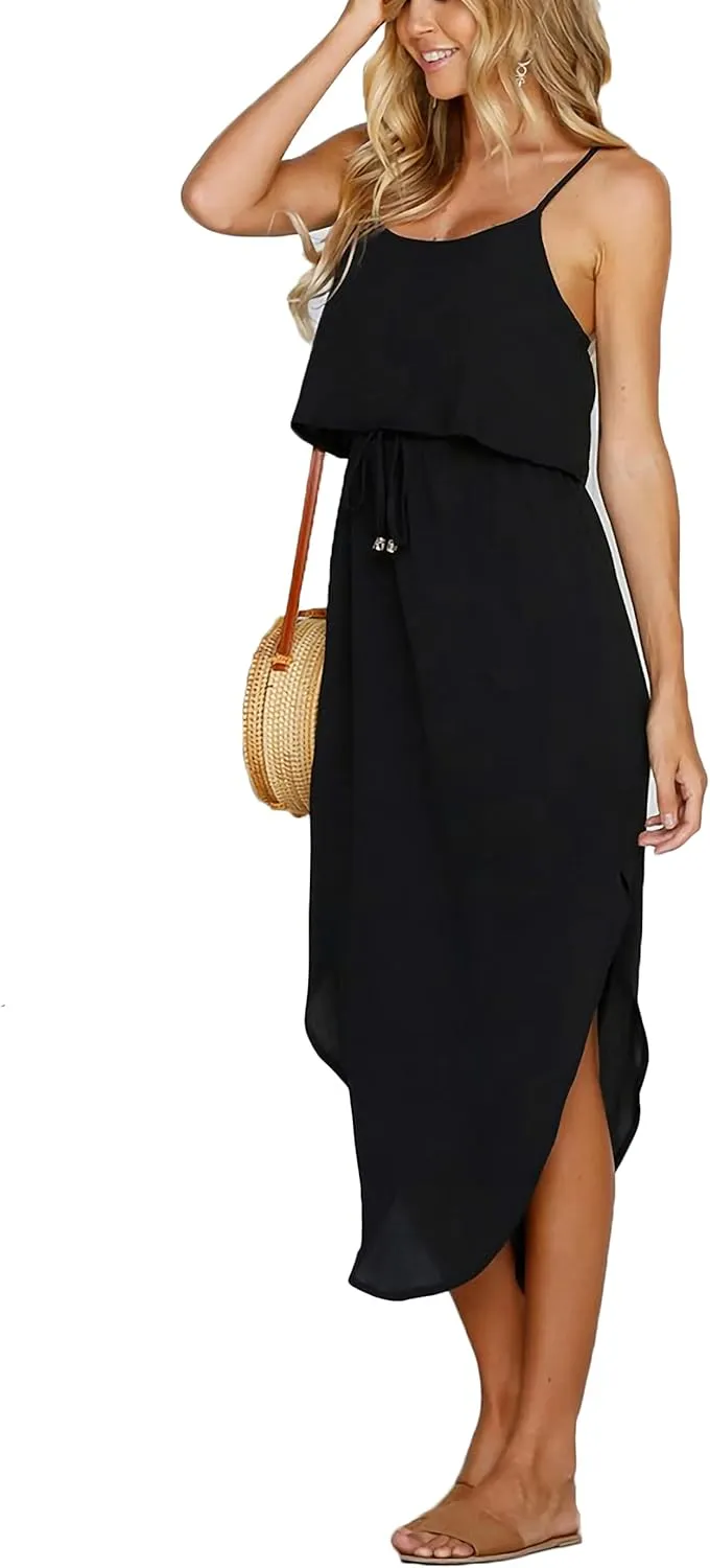 Women's Adjustable Strappy Split Summer Beach Casual Midi Dress