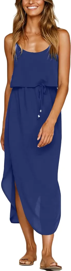 Women's Adjustable Strappy Split Summer Beach Casual Midi Dress