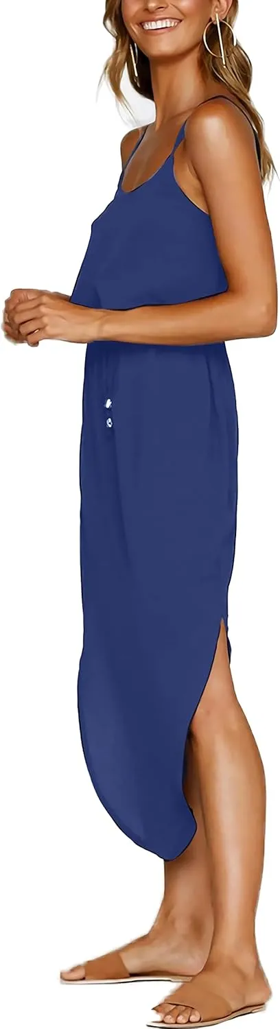 Women's Adjustable Strappy Split Summer Beach Casual Midi Dress