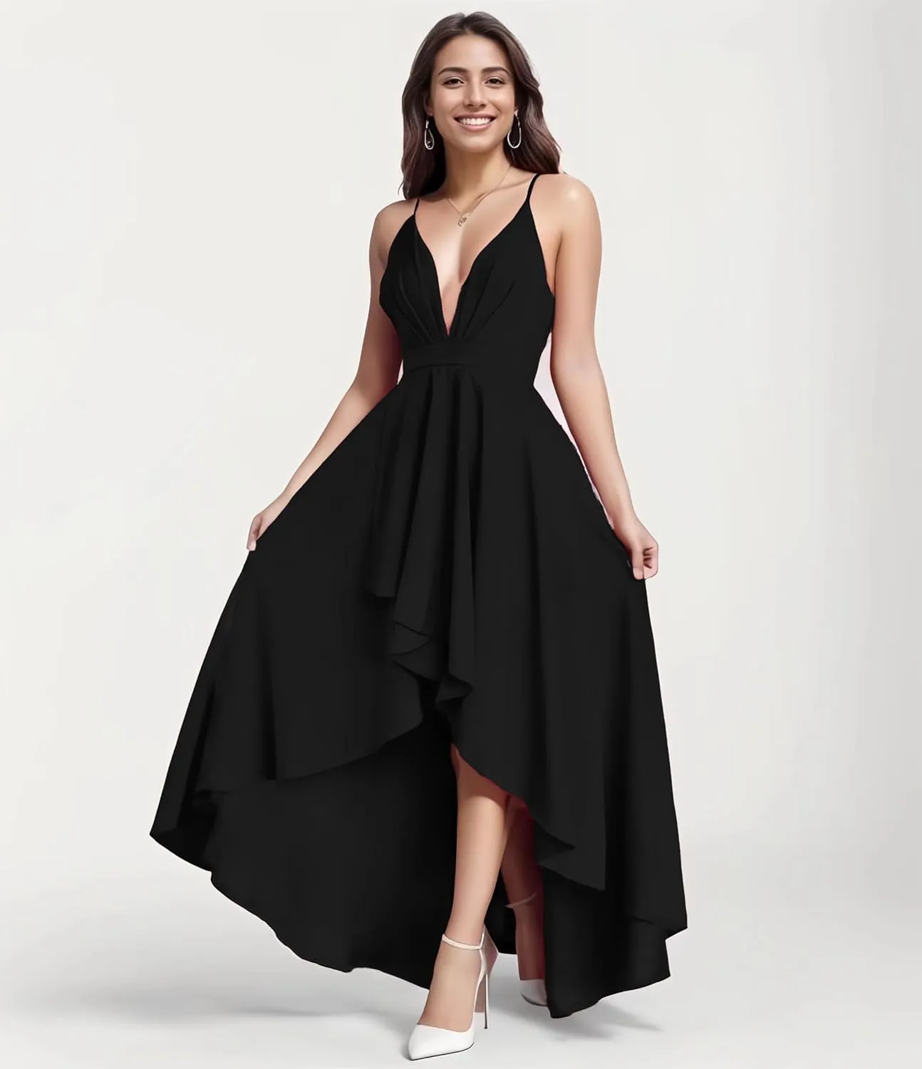 Womens Evening Gowns Deep V-Neck Party Dresses Sleeveless A-line High-Low Formal Cocktail Long Evening Dress