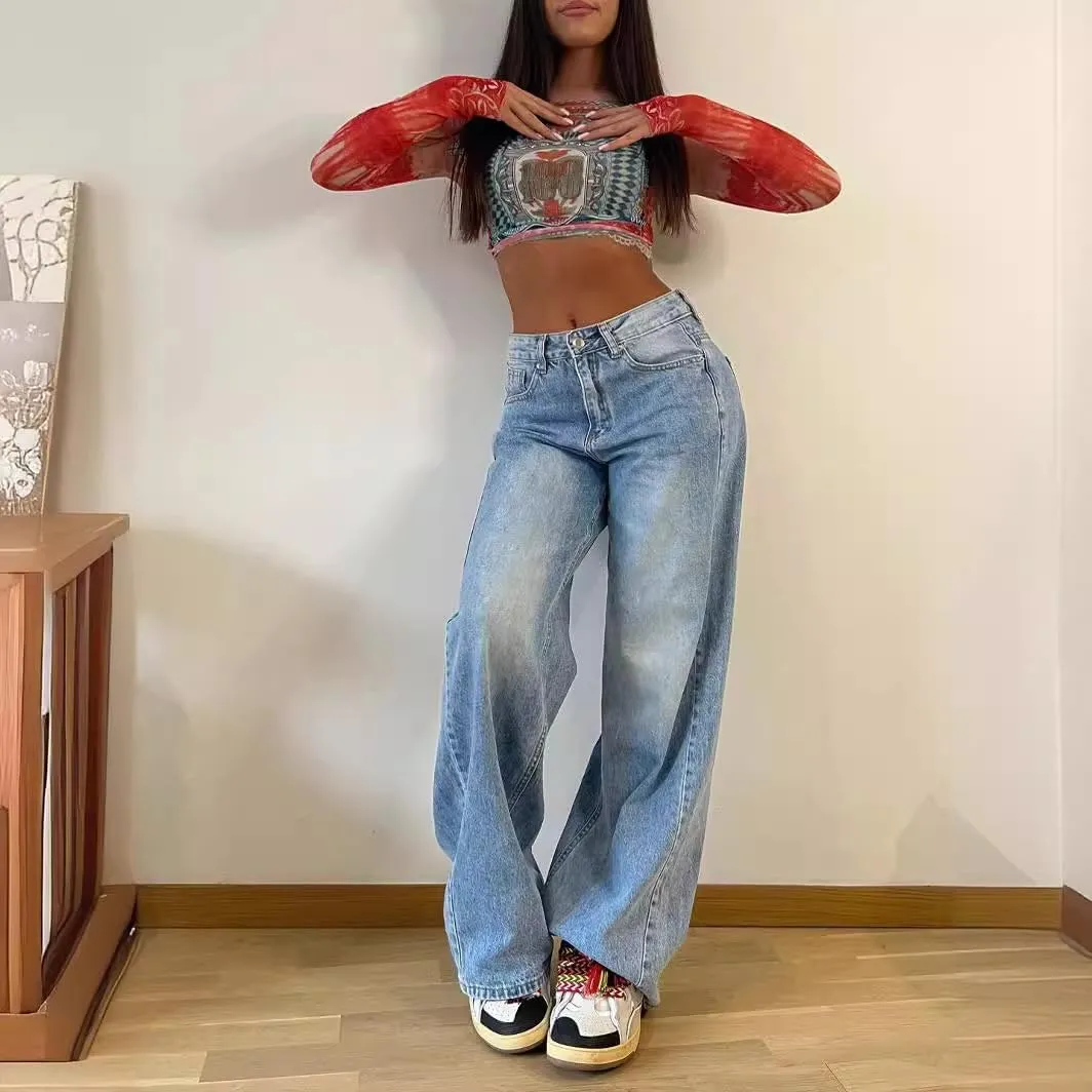 Women's High Waisted Wide Leg Jeans Retro Loose Denim Wide Leg Pants Spring Straight Women's Denim Pants