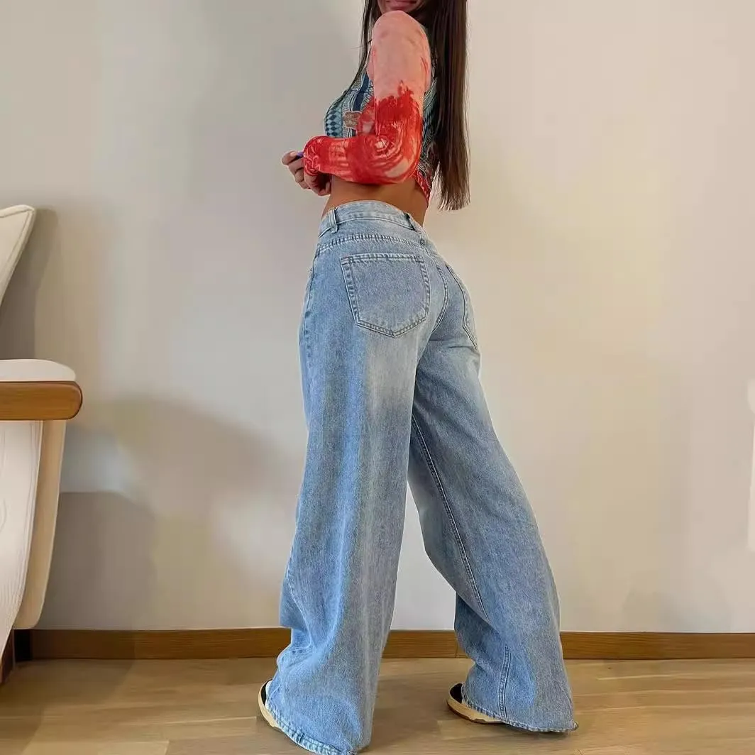 Women's High Waisted Wide Leg Jeans Retro Loose Denim Wide Leg Pants Spring Straight Women's Denim Pants