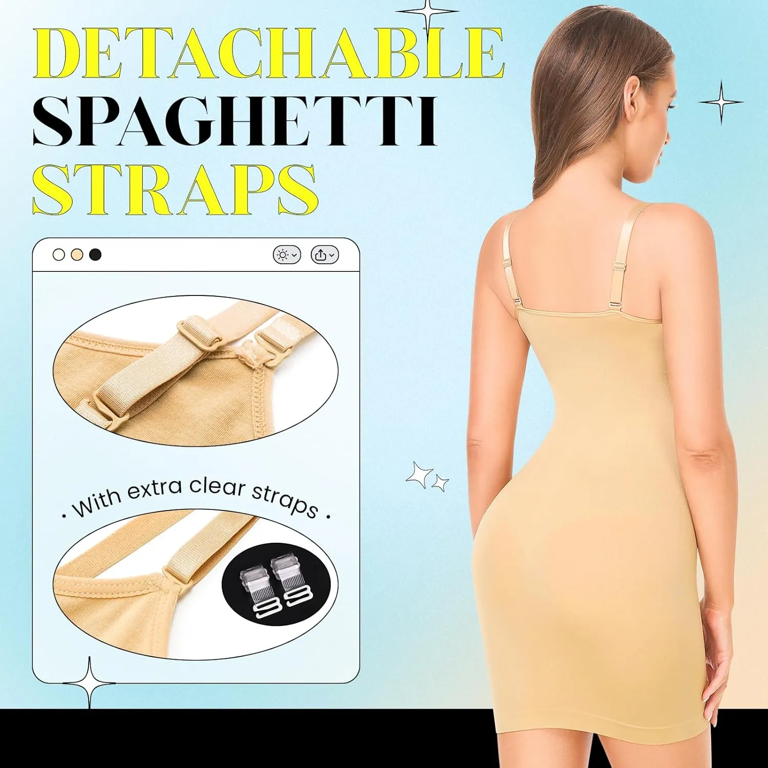 Women's Shapewear Slips for Under Dresses Tummy Control Dress Slips Body Shaper Full Slip Seamless Spaghetti Strap Cami Dress