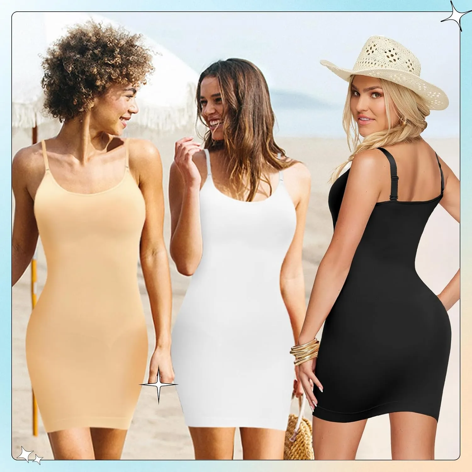 Women's Shapewear Slips for Under Dresses Tummy Control Dress Slips Body Shaper Full Slip Seamless Spaghetti Strap Cami Dress