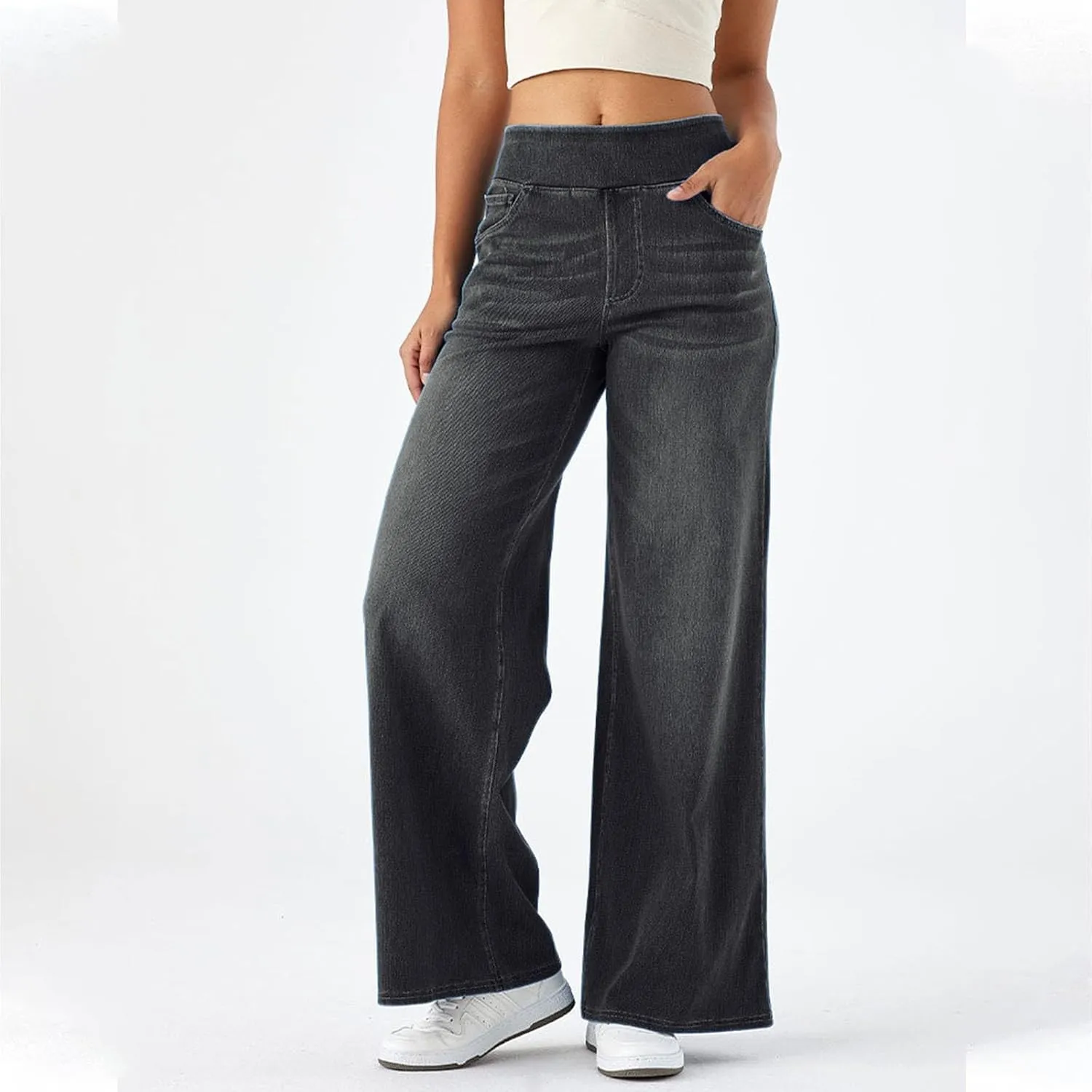 Women's Wide Leg Jeans High Waisted Tummy Control Denim Pants Soft Stretchy Casual Pull On Pants with Pockets