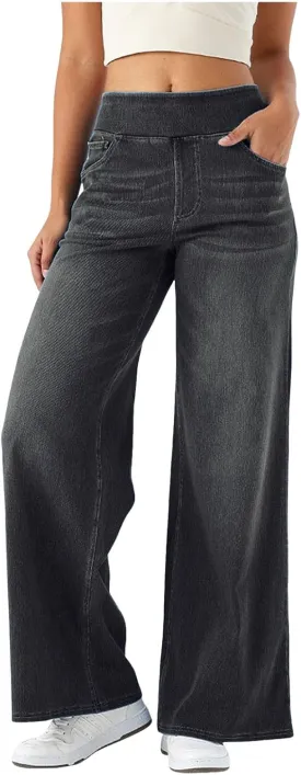 Women's Wide Leg Jeans High Waisted Tummy Control Denim Pants Soft Stretchy Casual Pull On Pants with Pockets