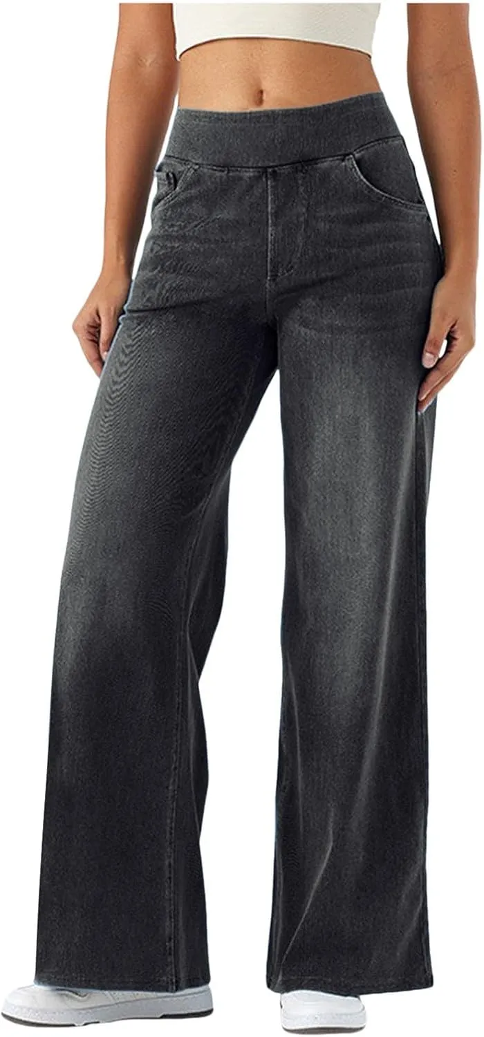 Women's Wide Leg Jeans High Waisted Tummy Control Denim Pants Soft Stretchy Casual Pull On Pants with Pockets