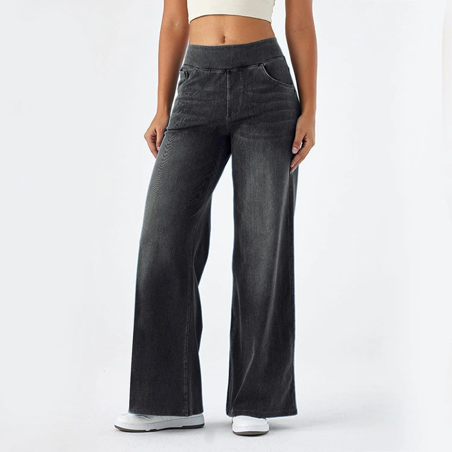 Women's Wide Leg Jeans High Waisted Tummy Control Denim Pants Soft Stretchy Casual Pull On Pants with Pockets