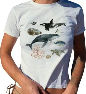Y2k Baby Tee Short Sleeve Graphic Crop Top Women Teen Girl Floral Cute Crew Neck Slim Fit Vintage Cropped Shirts