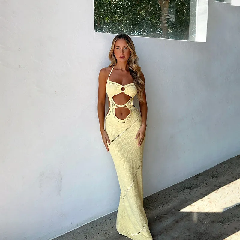 Yellow  Knitted Hollow  Beach Cover-up Blouse Dress