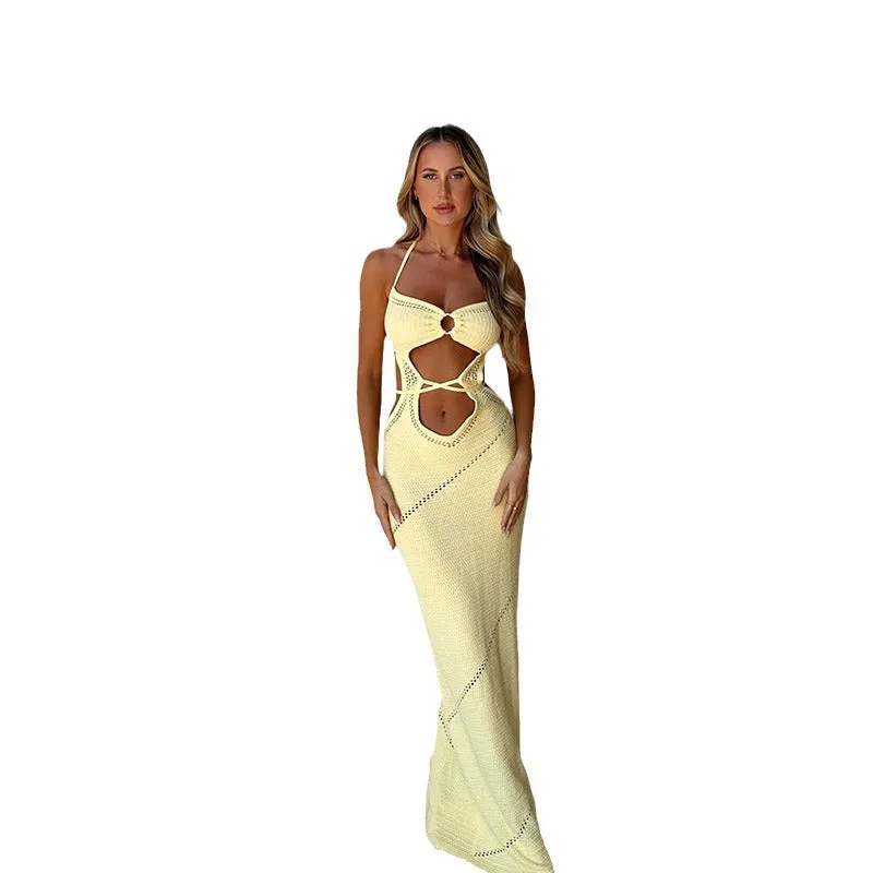 Yellow  Knitted Hollow  Beach Cover-up Blouse Dress