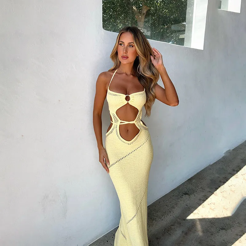 Yellow  Knitted Hollow  Beach Cover-up Blouse Dress