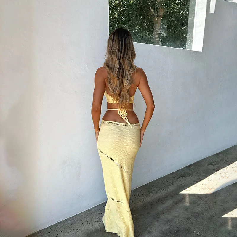 Yellow  Knitted Hollow  Beach Cover-up Blouse Dress