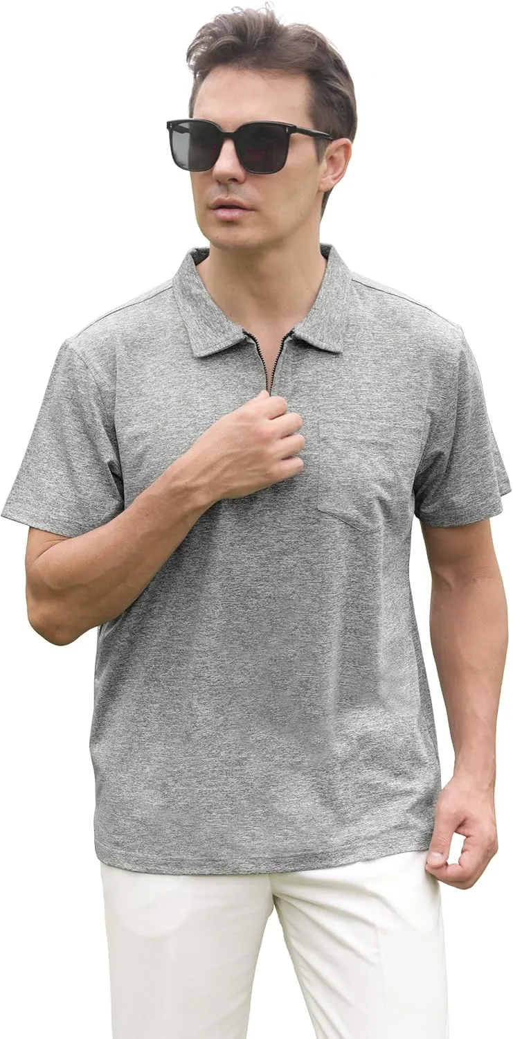 Zipper Polo Shirts for Men Casual Short Sleeve Polo T-Shirt Classic Fit Golf Shirts